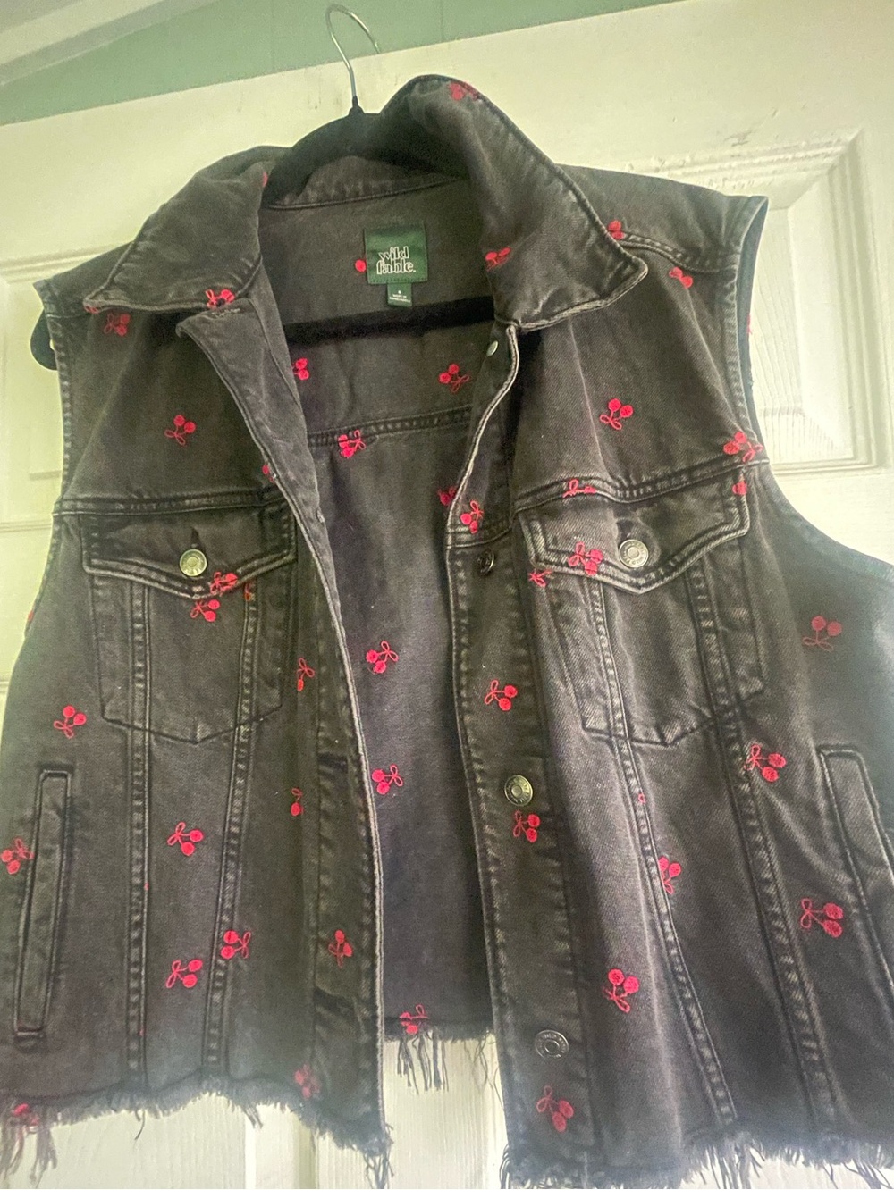 Wild Fable Black Distressed Denim Vest with Red Embroidered Motifs